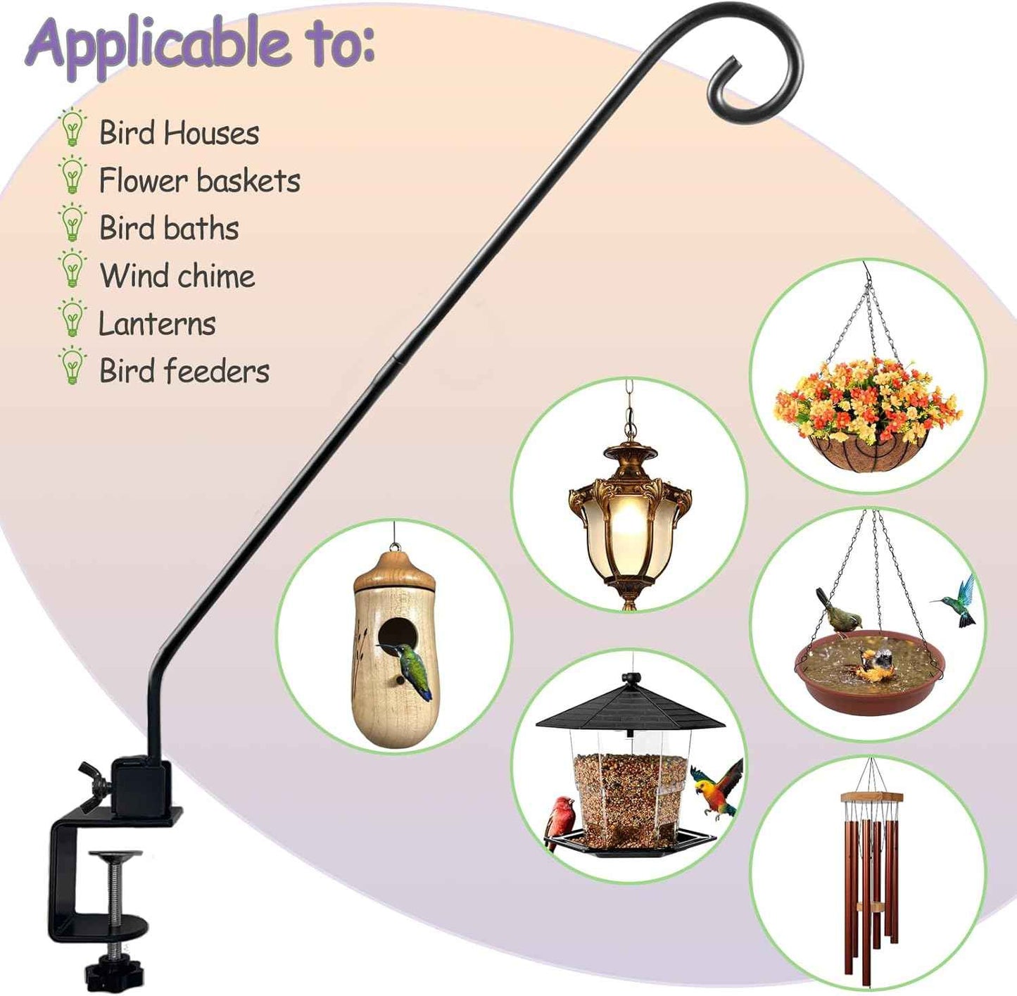 Heavy Duty Deck Hook,Courtyard Decoration,Pole 32”Long Metal Deck Railing Hooks for Hanging Bird Feeders,Planters,Suet Baskets,Lanterns,Wind Chimes,Clamp Mounted,Under 15 LBS
