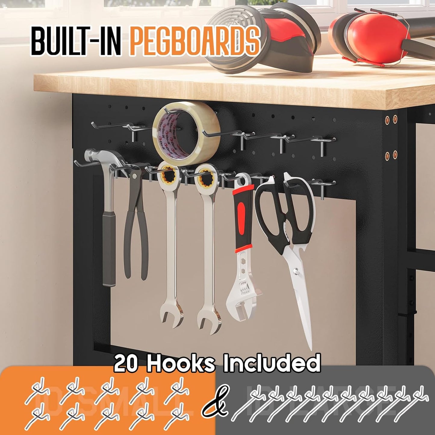 Albott 48" Adjustable 2-Tier Workbench with Solid Wood Top, Max 2000lbs Capacity, Built-in Power Strip with 4 AC Outlets & 2 USB Ports, Pegboard & 20 Hooks, Shop Garage Office