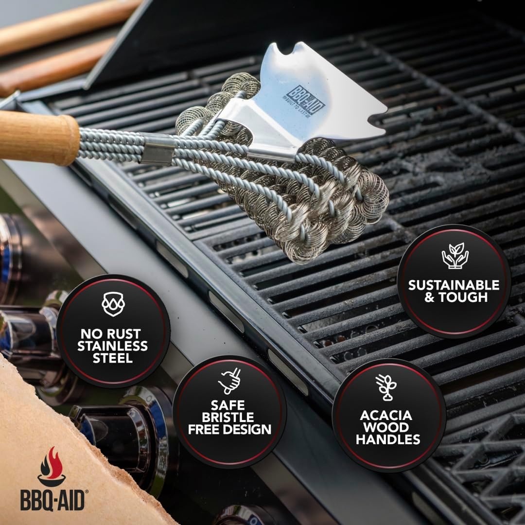 BBQ-AID Grill Brush for Outdoor Grill Bristle Free - 18" BBQ Brush for Grill Cleaning Kit - Safe BBQ Grill Cleaner Brush and Scraper - Stainless Grill Cleaning Brush for Any Grill, Grill Accessories