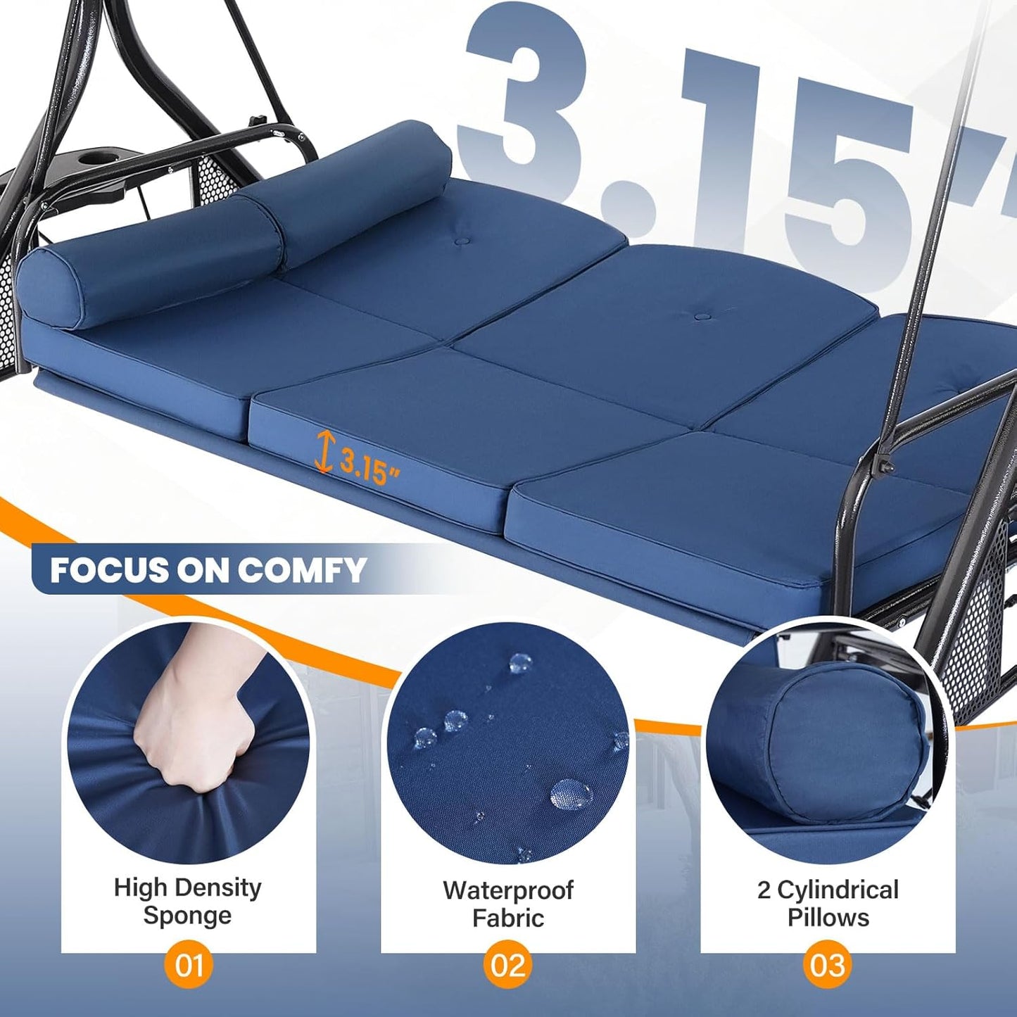 3 Seat Outdoor Porch Swing with Adjustable Canopy,2 in 1 Patio Swing Bed with Stand 800lbs for Adults,Outdoor Swing with Removable Cushion, Cup Holder ＆ Pillow for Backyard, Porch, Garden