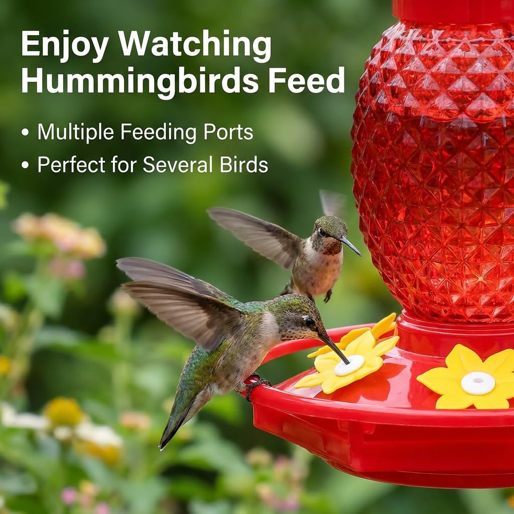 Fchstaer Glass Hummingbird Feeders for Outdoors Hanging 16oz 2 Pack Red Pineapple Bee & Ant Proof 360°Perch Leakproof Easy Clean with 6 Feeding Ports Gifts for Mom