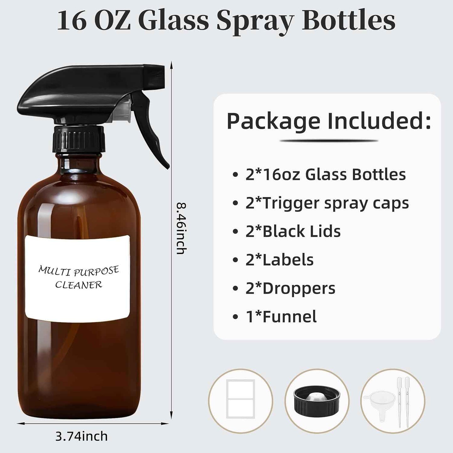 Amber Glass Spray Bottles 16 oz - Refillable Empty Spray Bottles for Cleaning, Essential Oils, Plants, Hair Mister - 2 Pack