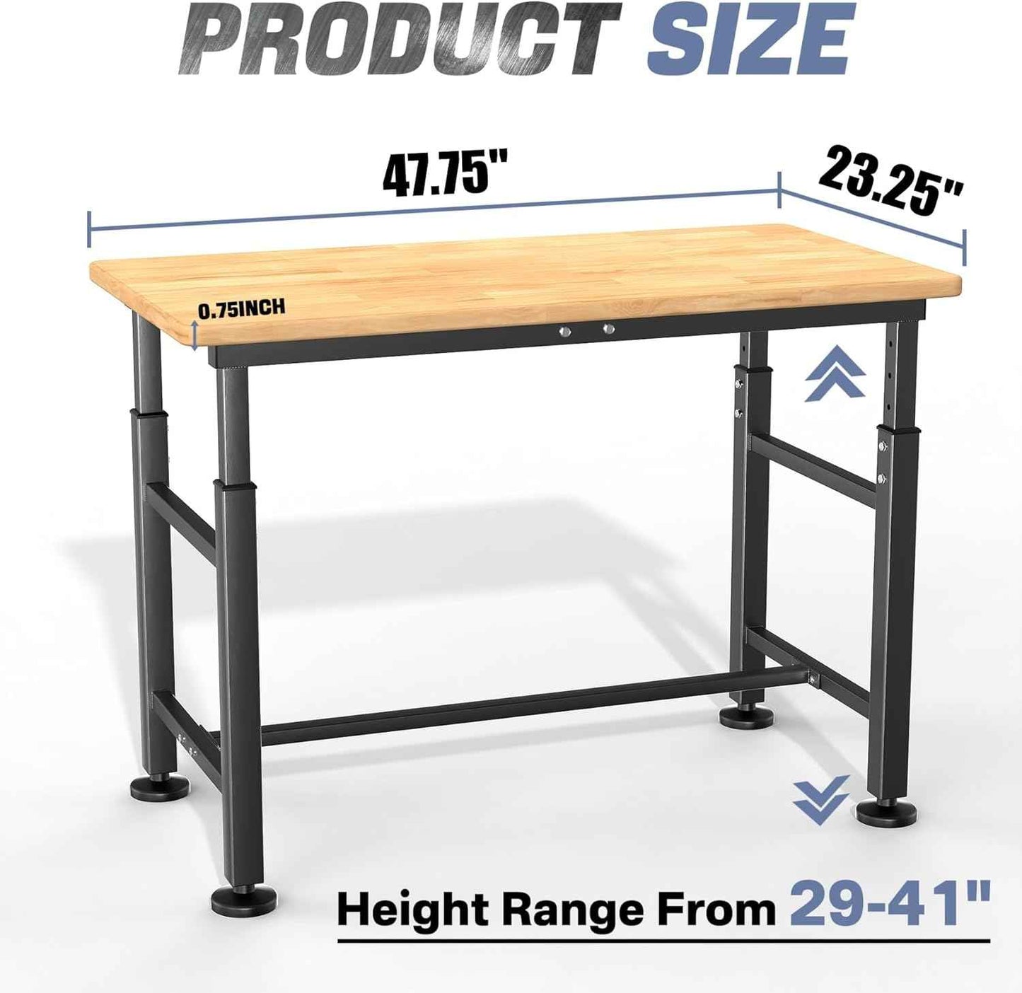 WALMANN Heavy Duty Adjustable Height Workbench 47.75" x 23.25", Rubber Wood Top Work Table for Garage, Workshop, 2000 lbs Load Capacity