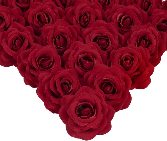 25PCS Artificial Red Rose Flower Heads Velvet Rose Flowers Real Look Rose Flower Heads for DIY Wedding Home Party Baby Shower Decor(Red)