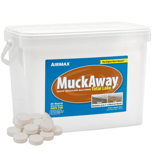 Airmax MuckAway, Natural Pond Muck Remover, Cleans & Clears Away Muck & Sludge, Easy to Use Bacteria & Enzyme Tablets, Safe for The Environment, Treats up to 1 Acre, 3 Month Supply, 36lbs