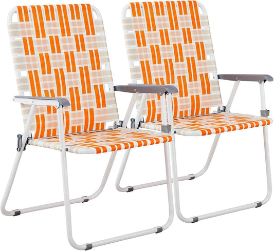 Folding Webbed Oversized Lawn Chairs Set of 2, 260 LBS High Beach Chair for Adults Heavy Duty, Portable Patio Chair for Yard, Garden (Orange)