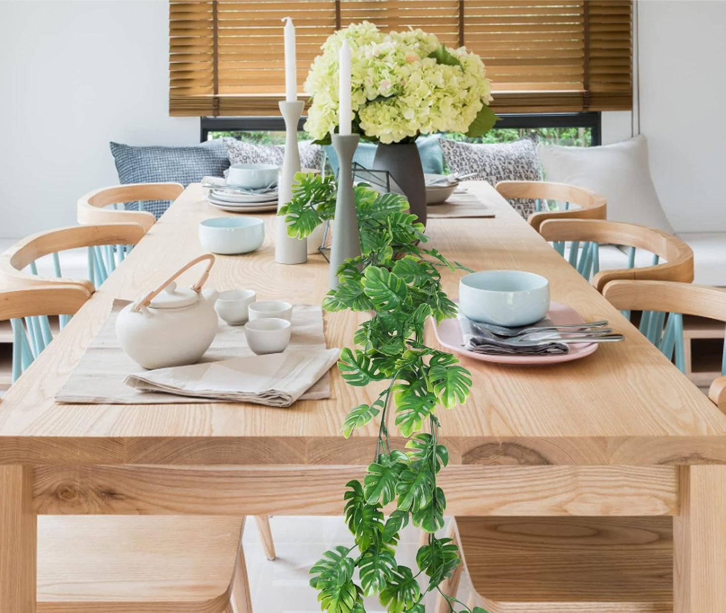 RECUTMS Artificial Palm Leaves Vines 3Pcs, 5.9FT Outdoor Fake Hanging Plant Ivy Faux Tropical Monstera Leaf Garland Greenery for Garden Porch Patio Jungle Luau Beach Birthday Party Indoor Summer Décor