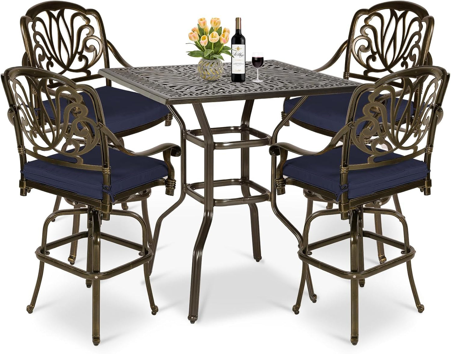 MEETWARM 5-Piece Patio Swivel Bar Set, All-Weather Cast Aluminum Outdoor High Bar Stool Bistro Set for Backyard Garden with 4 Cushions Bar Chairs with Footrest and 35.4" Bar Table, 2.2" Umbrella Hole