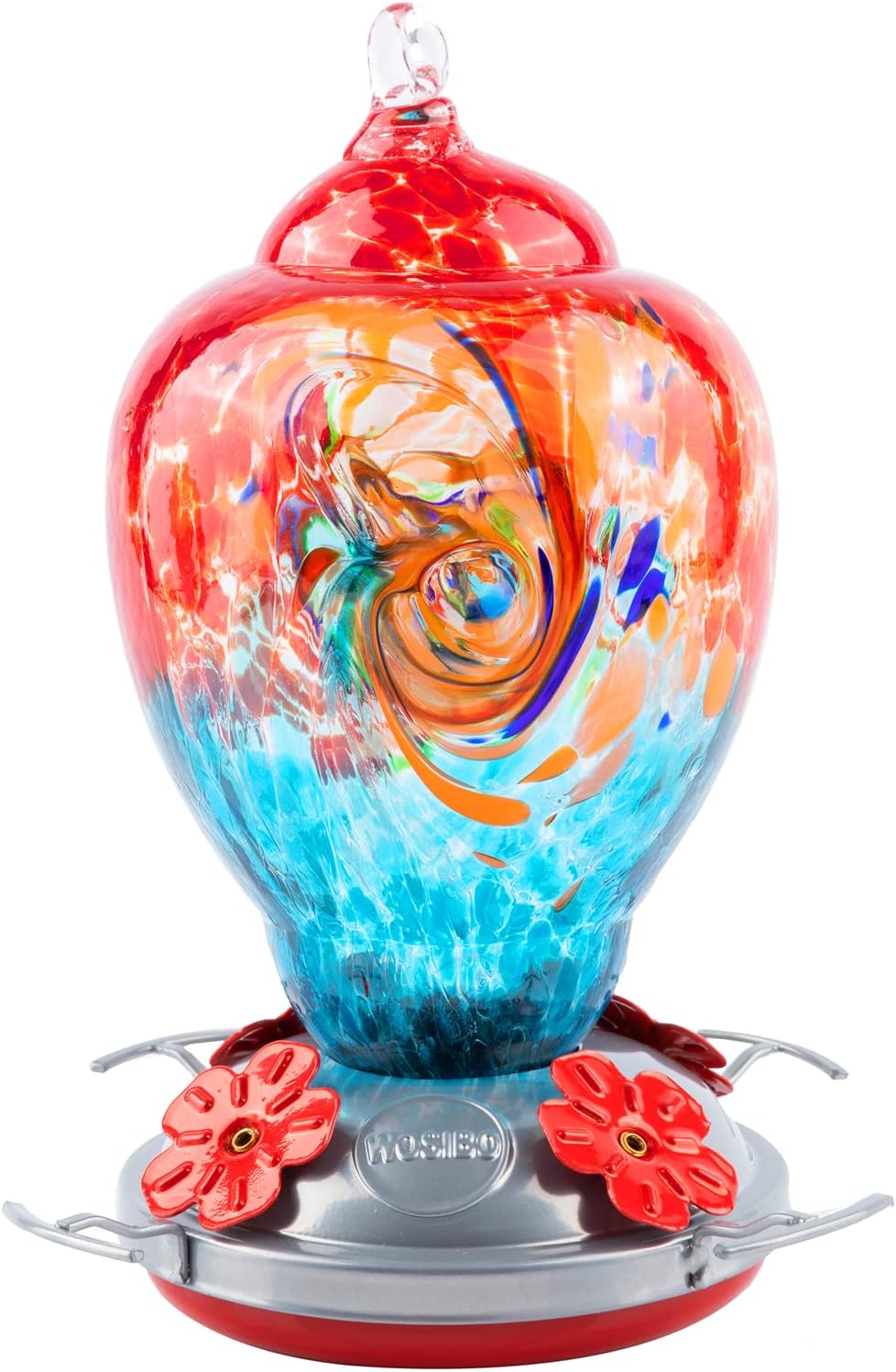 WOSIBO Hummingbird Feeder for Outdoors Patio Large 32 Ounces Colorful Hand Blown Glass Hummingbird Feeder with Ant Moat Hanging Hook, Rope, Brush and Service Card (Red-Blue)