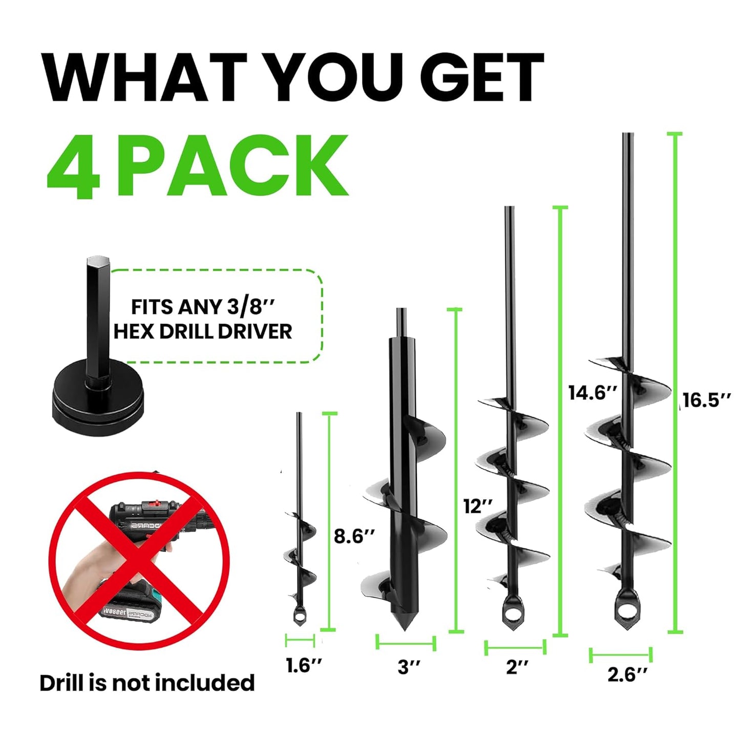 Auger Drill Bit for Planting 4 Pack – Garden Spiral Hole and Bulb Planter Tool for Umbrella Holes - Compatible with 3/8 Inch Hex Drive
