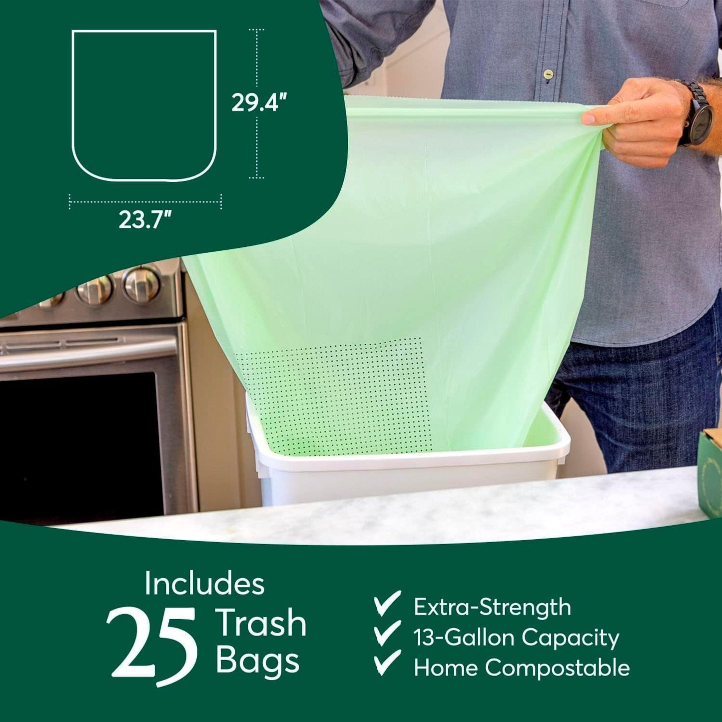 Cleanomic Compostable* 13 Gallon Trash Bags with Drawstring (2 Pack, 50 Count), BPI Certified For Kitchen Compost