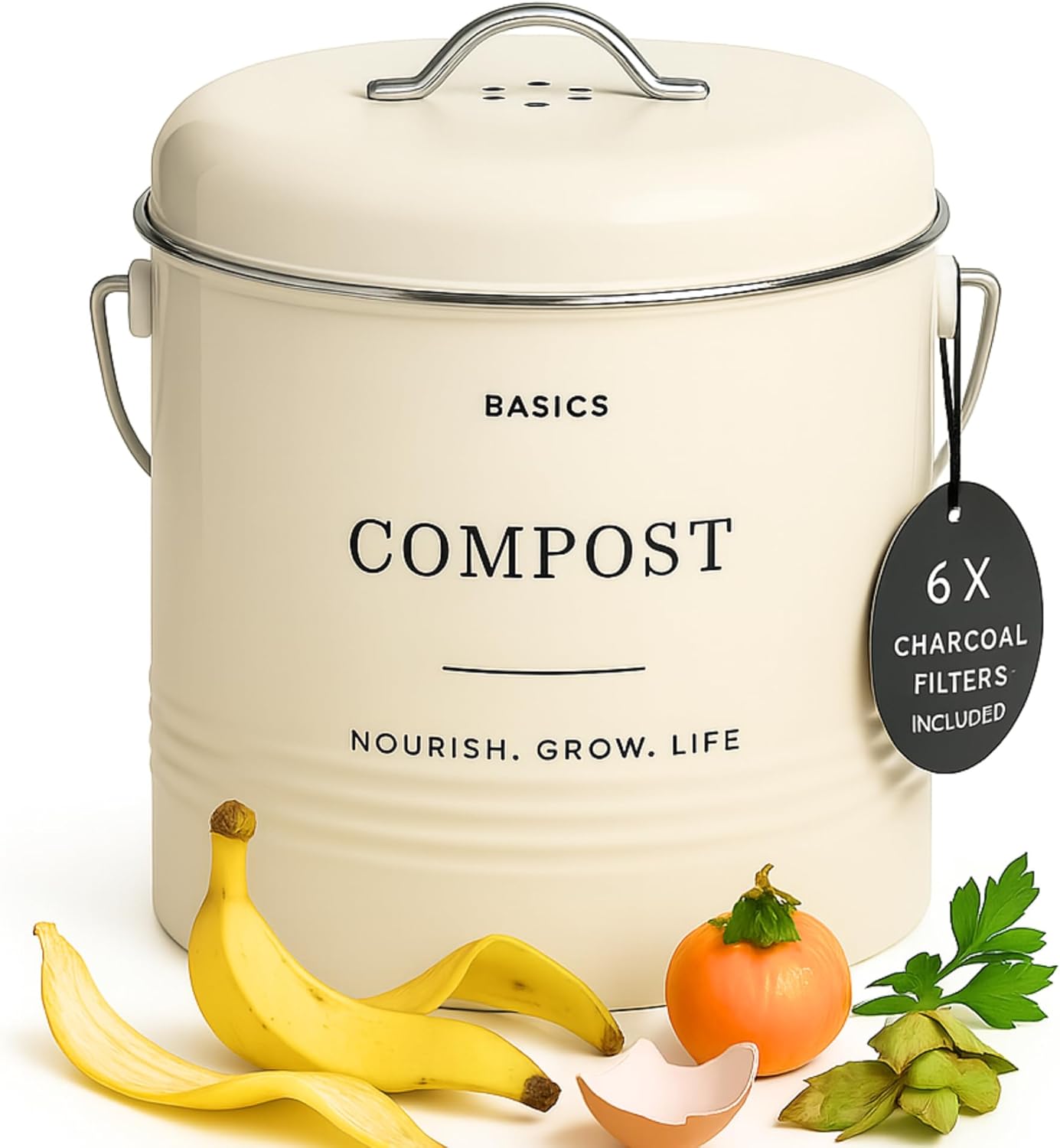 D'Lifeful Kitchen Compost Bin – 1.3 Gallon Countertop Farmhouse Compost Container with Lid – Odorless Indoor Food Scrap Pail with 6 Charcoal Filters – Eco-Conscious and Easy to Clean (Cream)