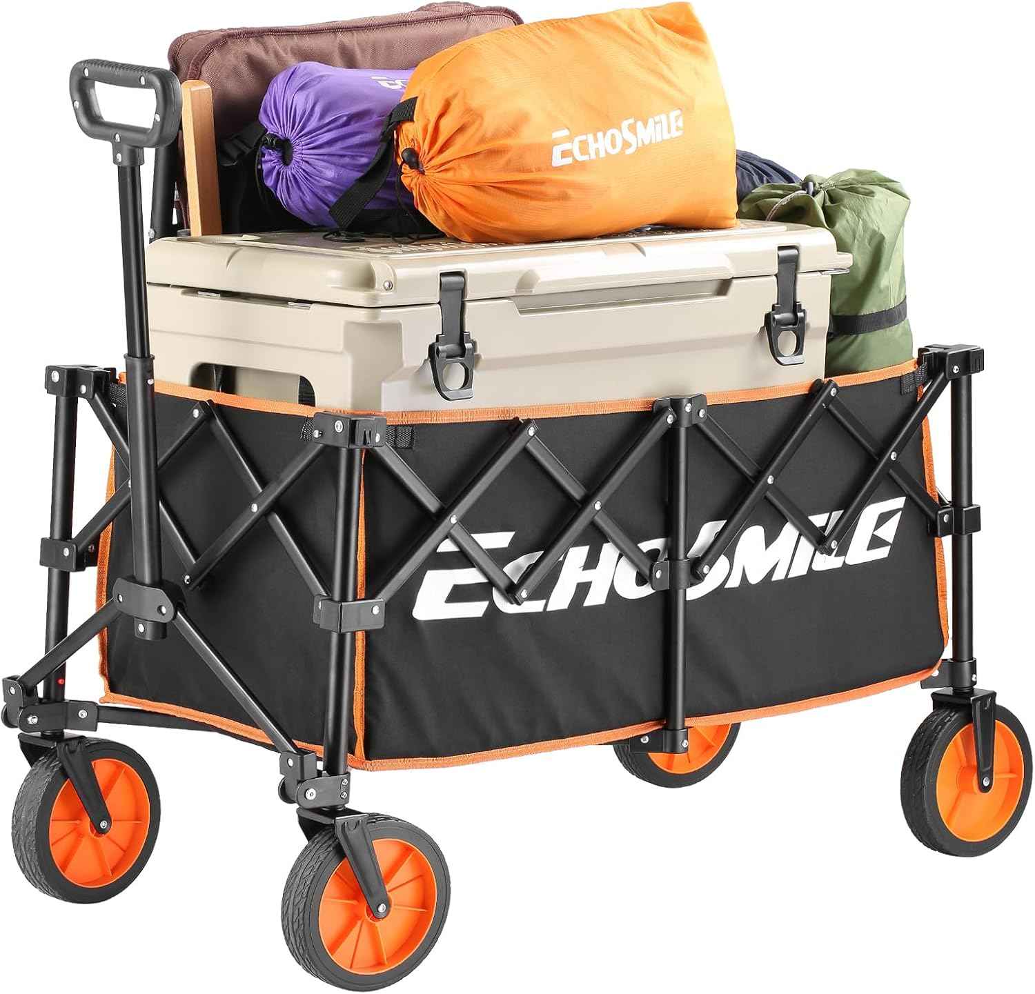 Collapsible Foldable Wagon with 300lbs Weight Cart Heavy Duty Folding Beach Wagon Cart with Wheels and Adjustable Handle for Camping Garden Sports Outdoor Activities Shopping,Black and Orange