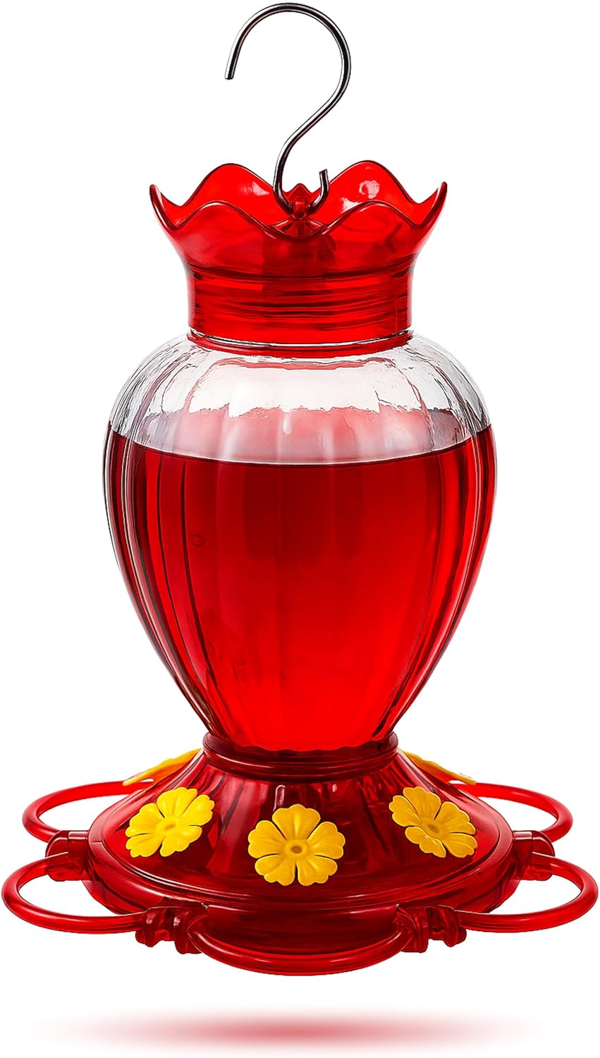 Hummingbird Feeder 20 oz Glass Hummingbird Feeders for Outdoors, with Built-in Ant Guard and Bee Proof - 6 Feeding Ports - Wide Mouth for Easy Filling/2 Part Base for Easy Cleaning