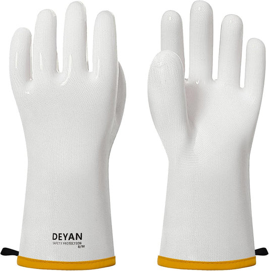DEYAN Silicone BBQ & Oven Gloves - Food Grade, Heat Resistant Waterproof & Oil Proof Gloves for Grilling, Baking, Frying, Cooking - Long Sleeve & Non-Slip, 1 Pair (White, 9/L)