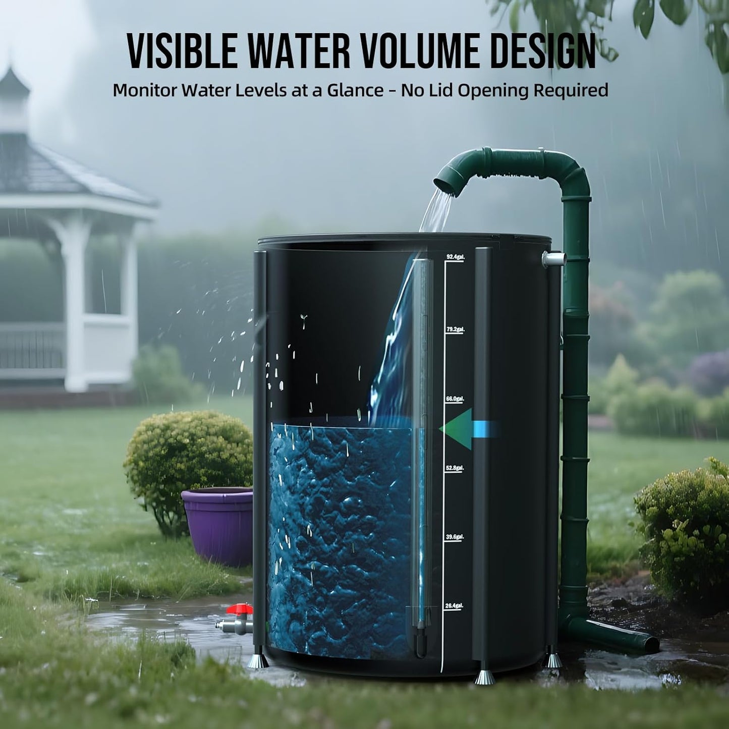 Collapsible Rain Barrel Water Collection System - 100 Gallon Portable Water Storage Tank,Foldable Rainwater Collect System Downspout, Water Catcher Container with Filter, Spigots＆Overflow Kit,Black