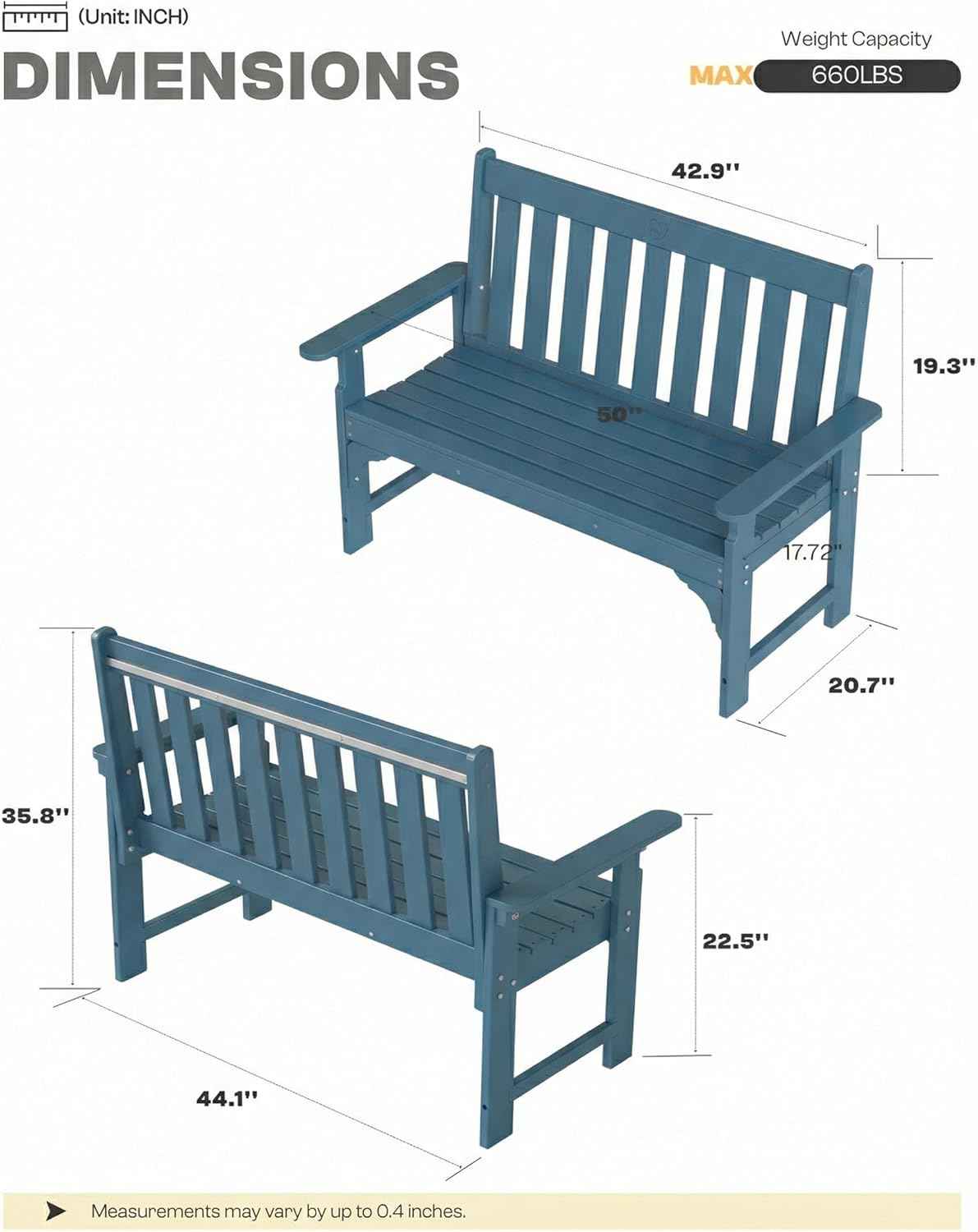 2-Person Outdoor Garden Bench, HDPE All-Weather Patio Bench with Backrest & Armrests, Heavy Duty Outdoor Seating for Porch, Backyard & Park, 660 lbs (Navy Blue, 1 Bench)