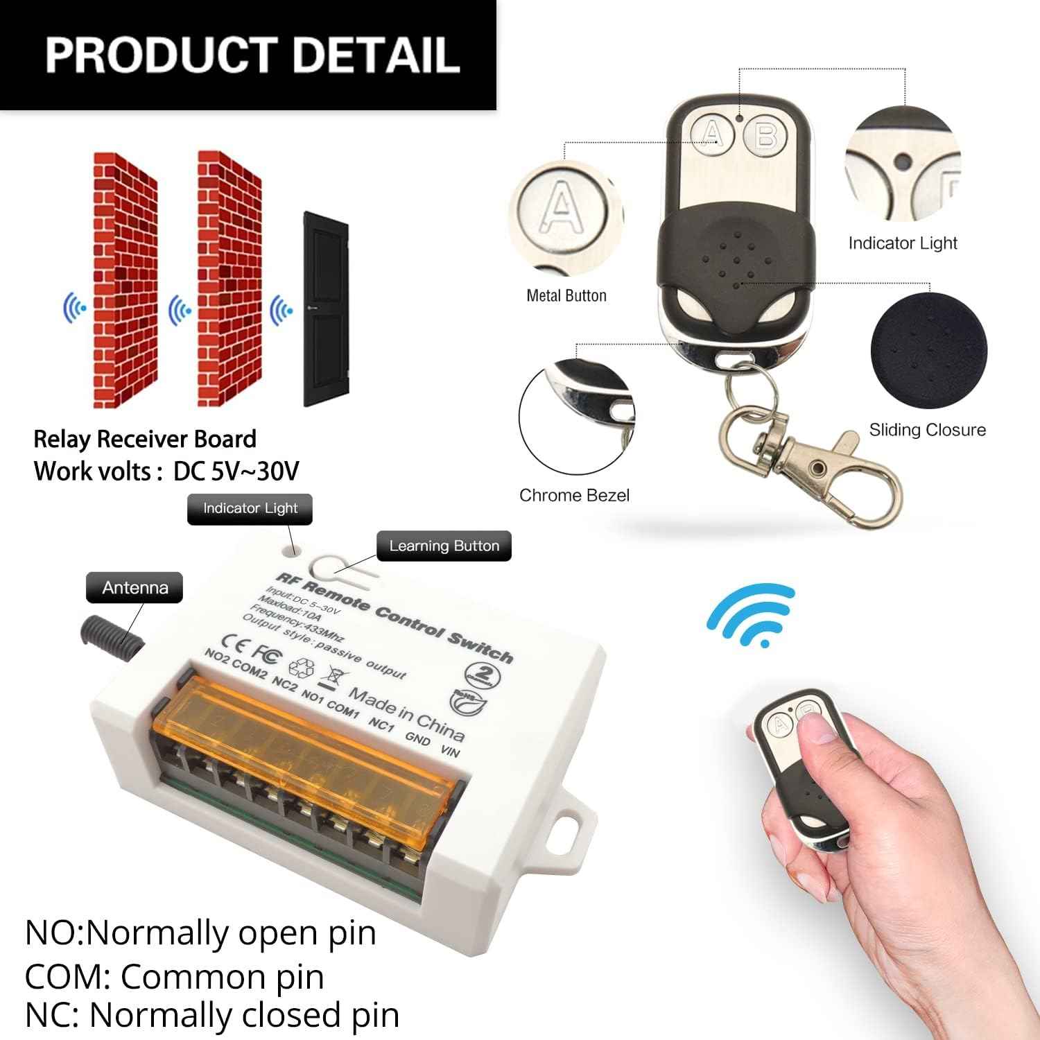 DieseRC 2 Channels Wireless Relay Remote Control Switch 433Mhz RF DC 5V 12V 24V 30V 10A Relay Receiver with 2 Transmitters Keyfob, Big Terminal Easy Wiring