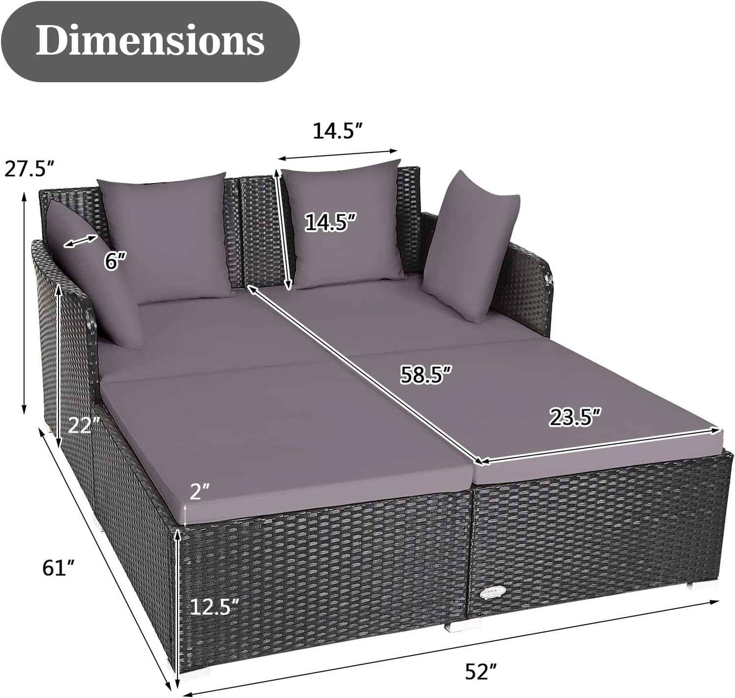Outdoor Rattan Daybed, Patio Loveseat Sofa Set w/Comfortable Cushions, Extra Pillows & Metal Foot, Sunbed Wicker Furniture for Yard/Poolside/Living Room/Garden/Porch, Grey