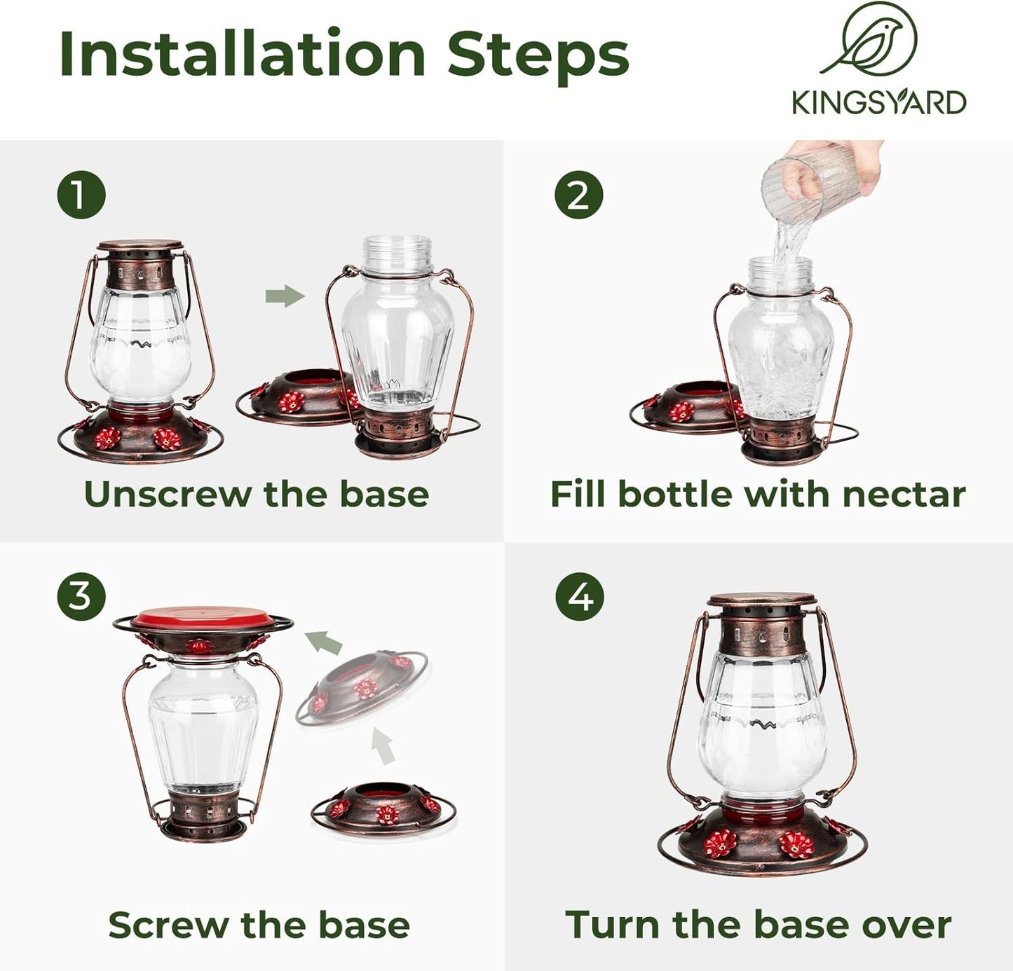 Kingsyard Glass Hummingbird Feeder for Outdoors Hanging - Vintage Lantern Style Leak-Proof Humming Bird Nectar Feeder with 6 Feeding Ports & Ant Moat for Outdoor Garden Decor, 24 Oz, Vintage Clear