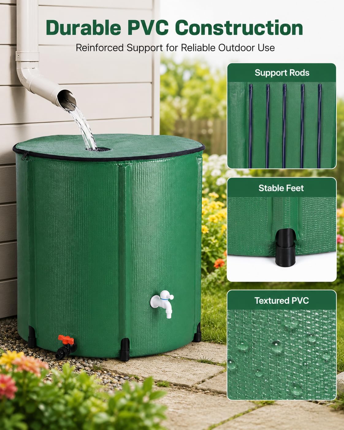 200 Gallon Collapsible Rain Barrel, Portable Rainwater Collection System, Water Storage Tank, Rain Catcher Barrel with Two Spigots and Overflow Kit, Rainwater Barrels Collector for Garden, Green
