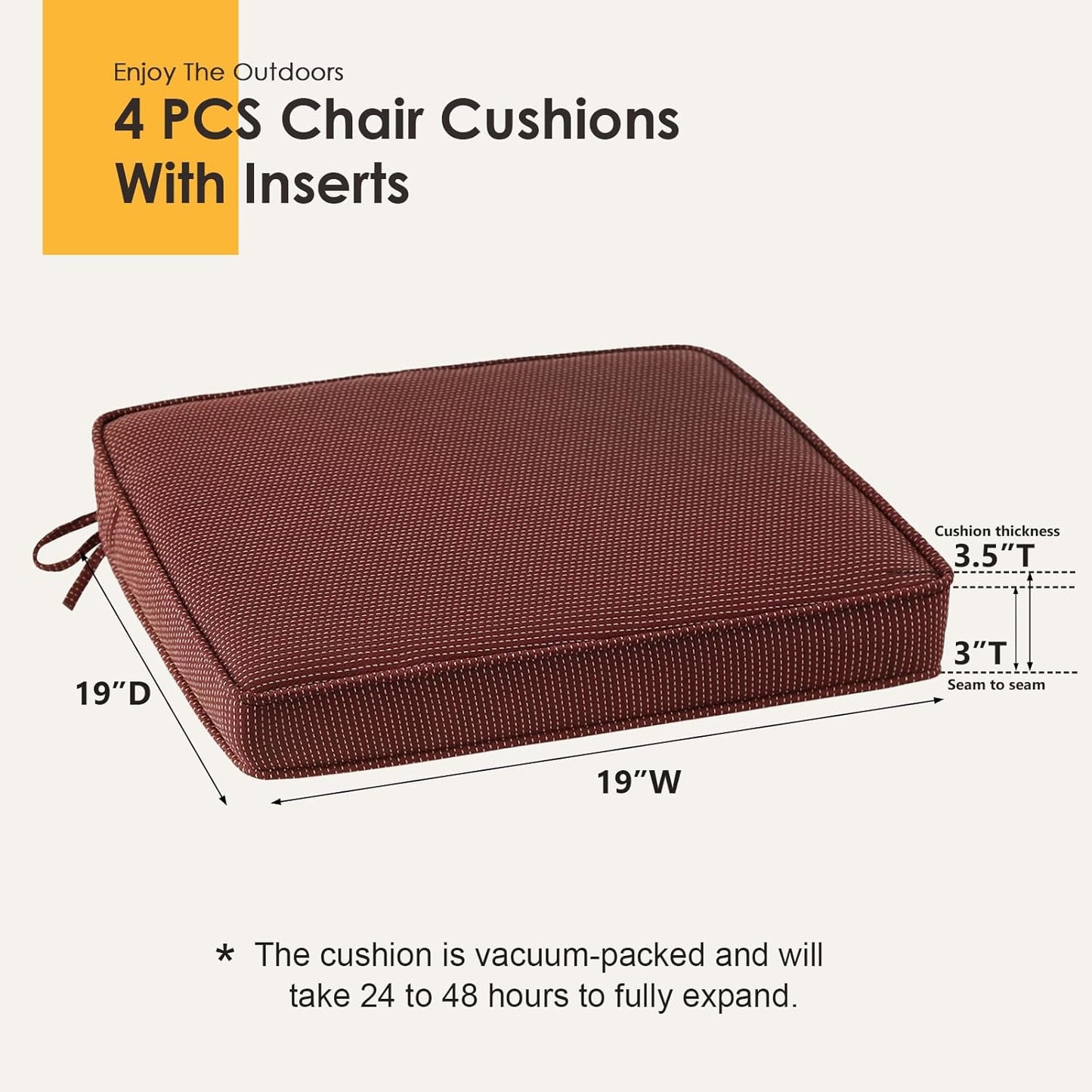 Outdoor Square Corner Seat Cushion, 19"x19"x3", Set of 4, Non Slip Seat Cushion Pads with Removable Cover for Patio Furniture, Garden Yard Lawn, Tan Dotted Red Base