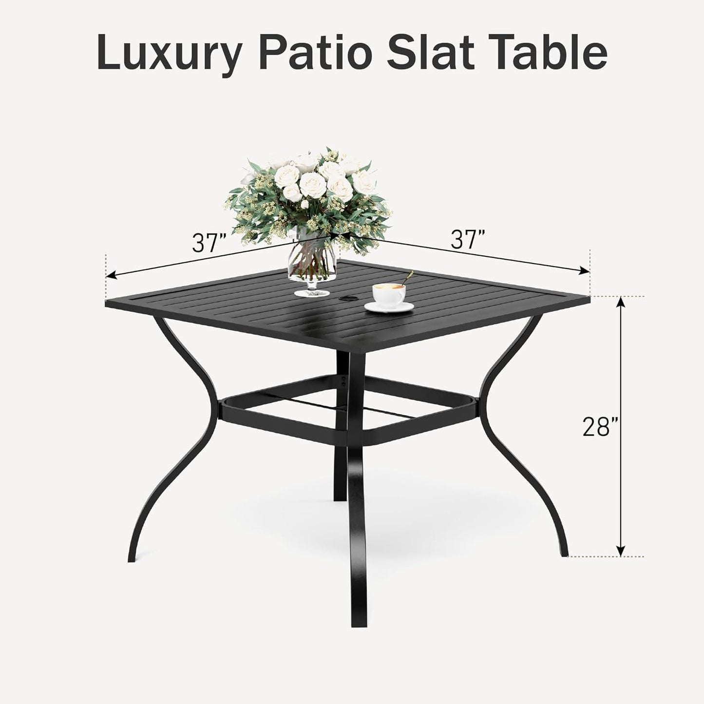 PHI VILLA 37 Inch Outdoor Dining Table Metal Steel Slat Square Patio Dining Table with 1.57" Umbrella Hole for Garden, Backyard and Porch (Classic Black)