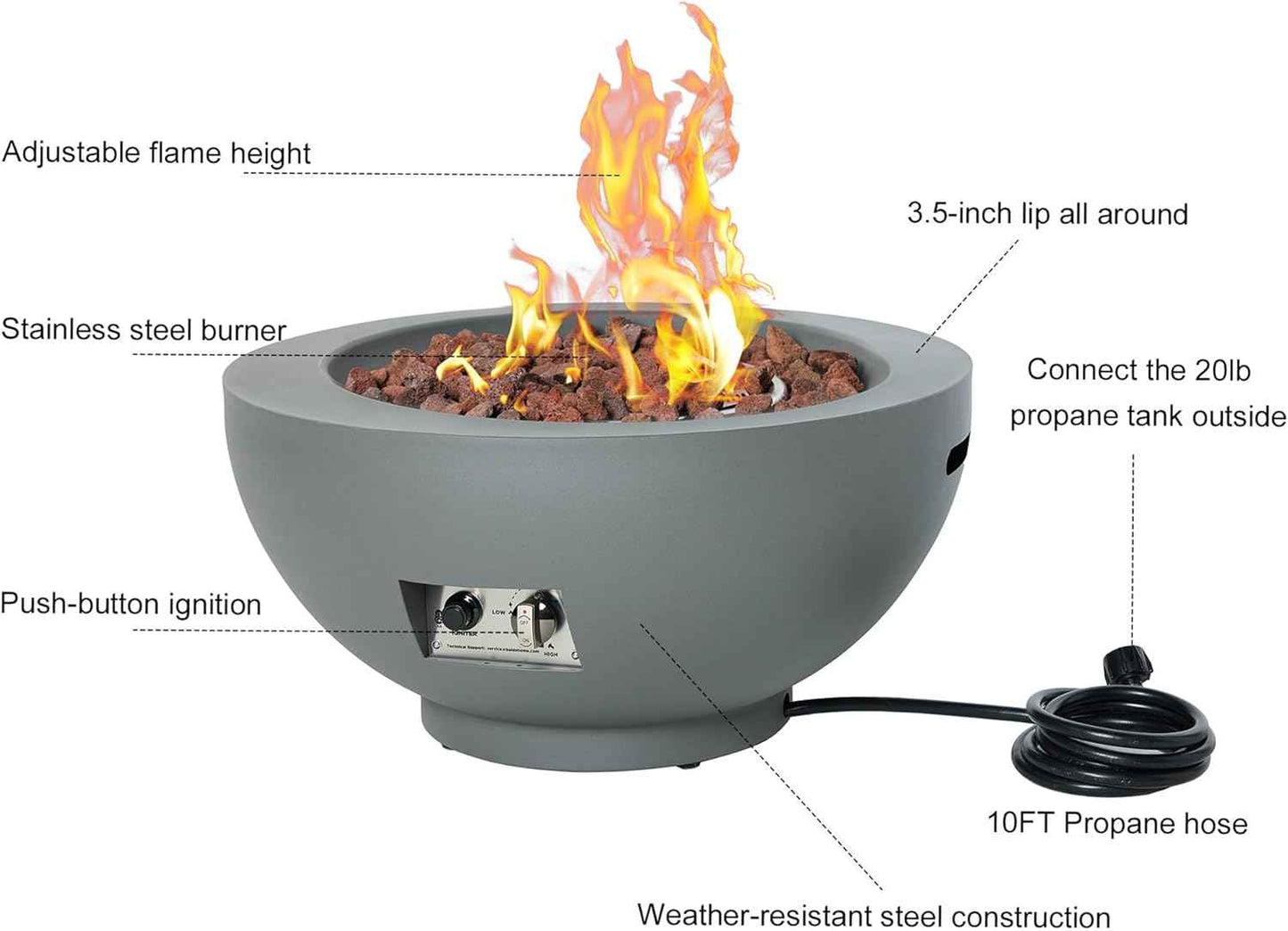 28-Inch Fire Table, 58,000 BTU Outdoor Propane Fire Pit, Patio Round Fire Bowl Gas Firepit with Lid, Lava Rocks, Cover, Pre-Attached 10 ft Propane Hose, Gray