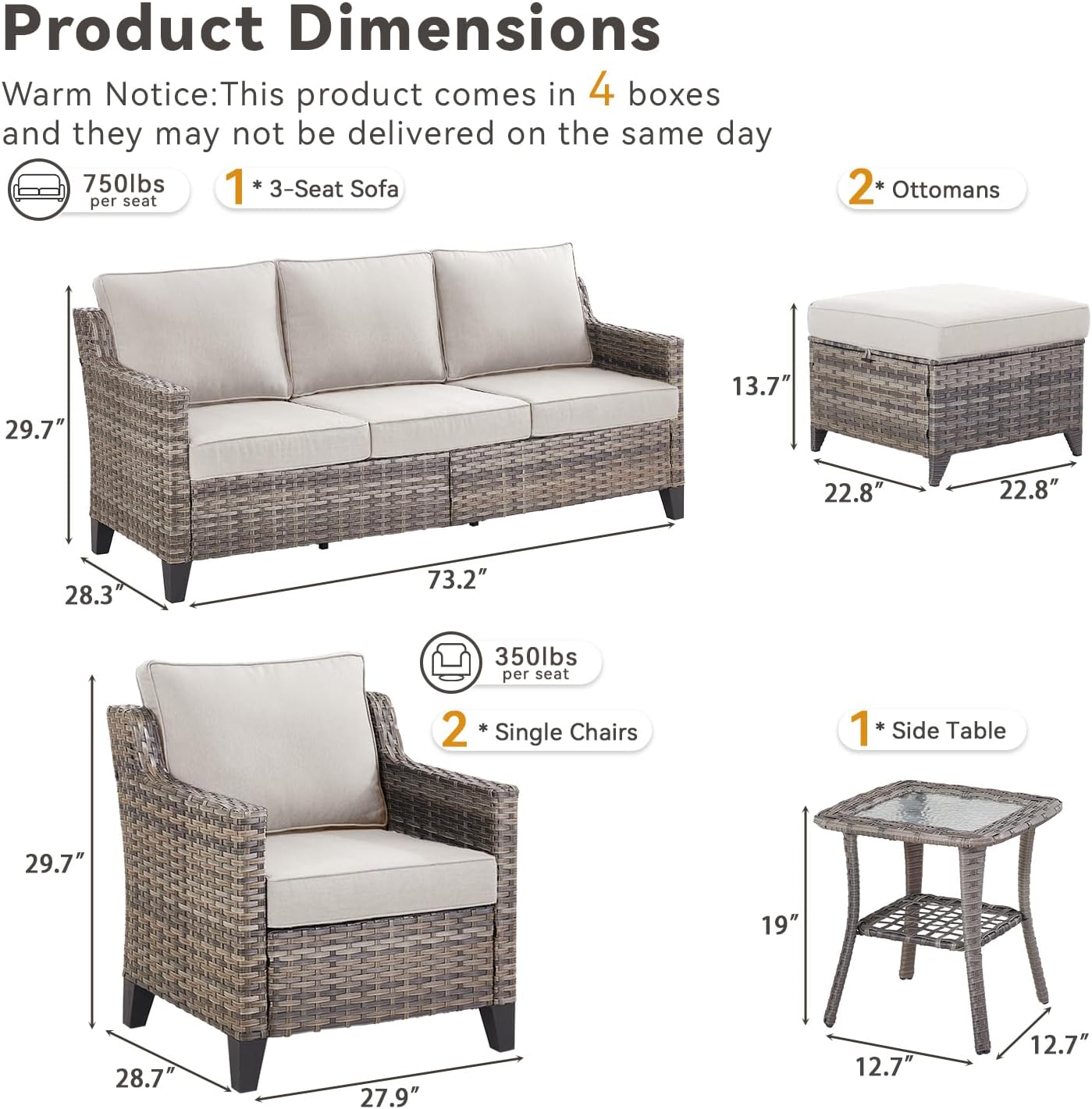 Buenhomino Outdoor Patio Furniture Set-PE Wicker Sofa Couch with Ottomans Comfy Cushions, All Weather High Back Patio Conversation Set for Porch Deck Balcony Garden Grey/Beige
