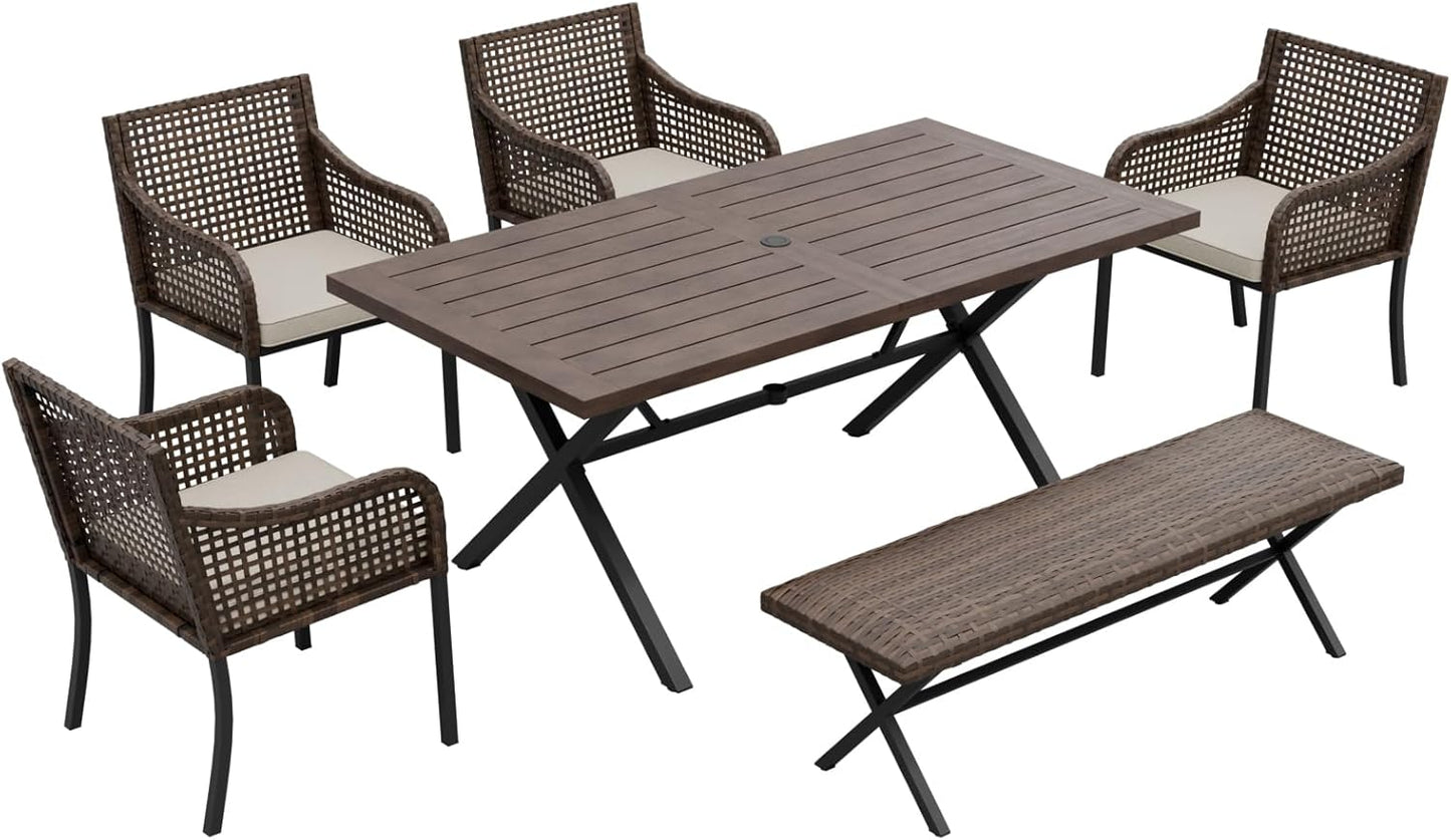 EAGLE PEAK Sienna Bay Outdoor Dining Set for 6, Patio Table Set with Umbrella Hole, All Weather Backyard Table, Chairs and Bench for Lawn, Garden, Deck, 6 Pieces, Brown