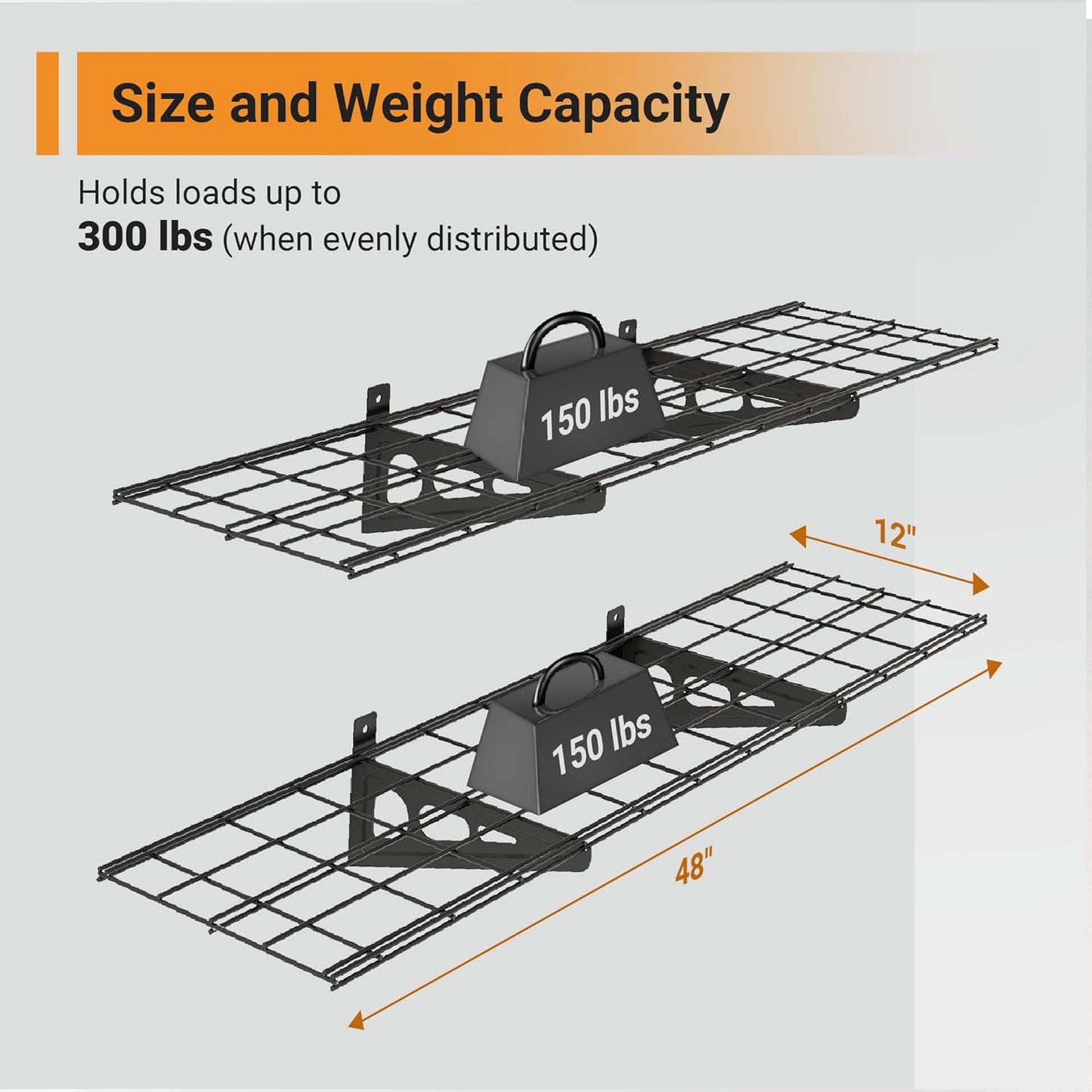 1x4 ft Garage Shelving, 2-Pack Wall-Mounted Shelves for Garage, Kitchen, Pantry Storage, 300 lbs Total Load Capacity Wall Shelving, Black