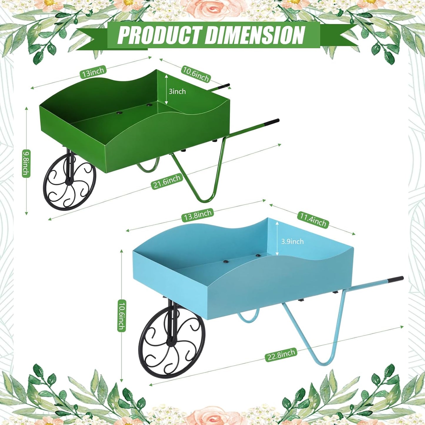 BBTO 2 Pcs Metal Wagon Planter Flower Cart Wheelbarrow Flower Pot Stand with Wheels, Handle - Vintage Garden Wagon for Vegetables Herbs, Indoor Outdoor Decorative Cart for Home Balcony Patio Backyard