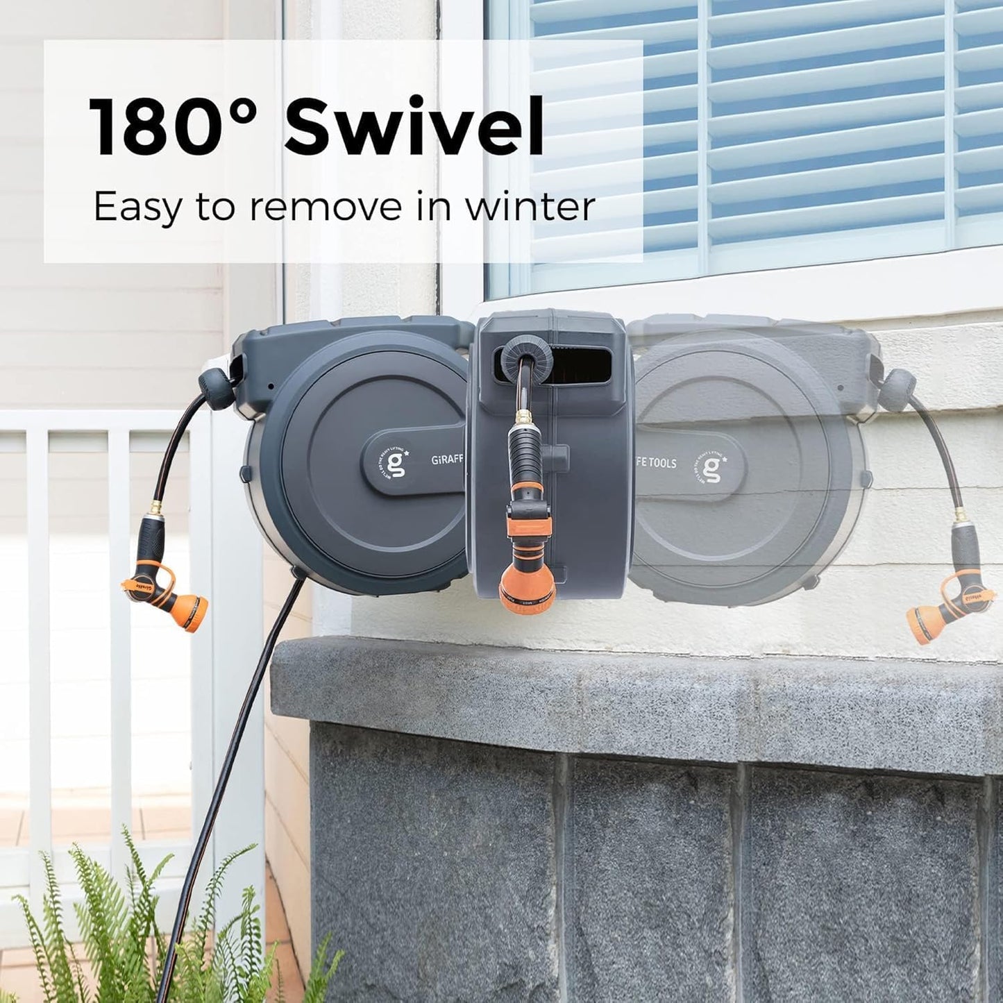 Giraffe Tools Retractable Garden Hose Reel 5/8 inch x 90 ft Hose Reels for Outside, Wall Mounted Water Hose Reel with 180 Deg Swivel Bracket, Any Length Lock, 9 Pattern Hose Nozzle