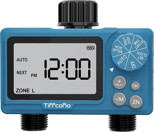 Sprinkler Water Timer Outdoor, 2 Outlets Digital Pogrammable for Garden Hose, Irrigrtion Timer with Rain Delay and Manual Mode (1 Pack)