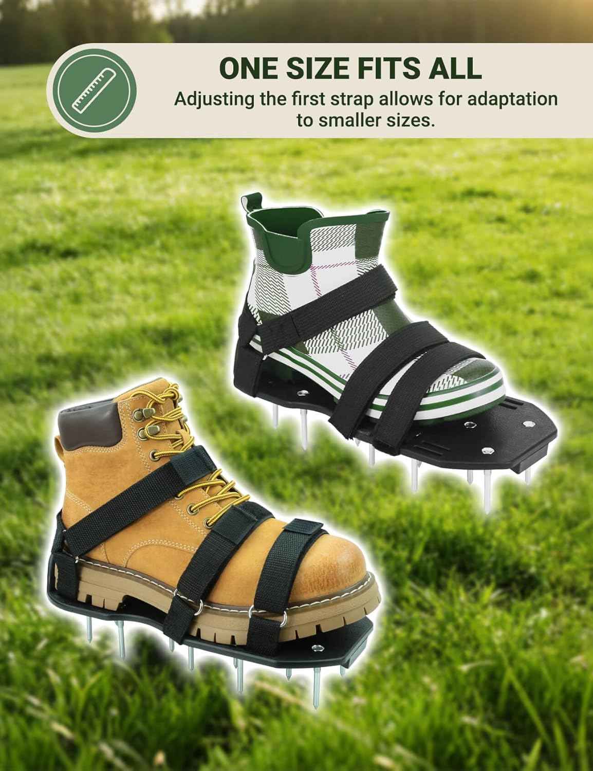 Lawn Aerator Shoes for Grass, Pre-Assembled Heavy Duty Aerator Lawn Tool with Hook and Loop Straps, One Size Fits All Spiked Shoes for Effectively Aerating Yard Garden Lawn Patio Soil, No Installation