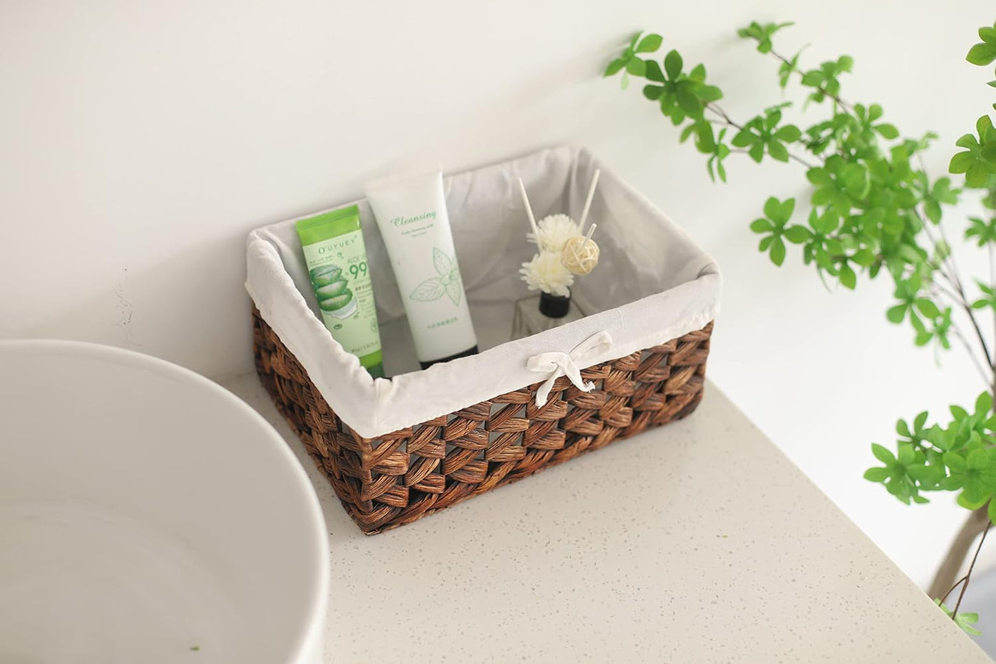 Rectangular Woven Seagrass Storage Bins with Handle,Kingwillow. (water hyacinth, Small)