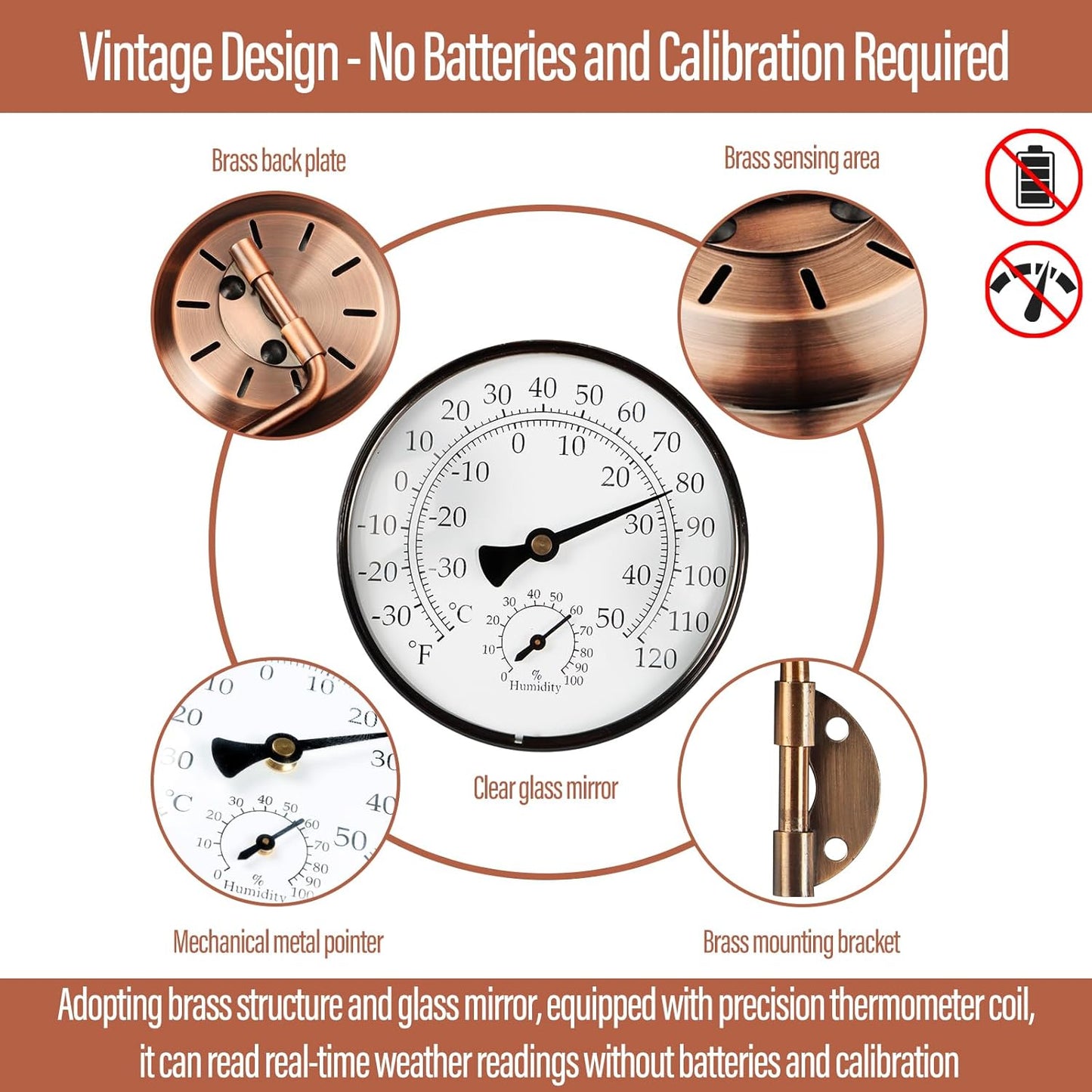 4-Inch Brass Outdoor Thermometer - Analog Temperature Gauge for Patio, Greenhouse and Garage