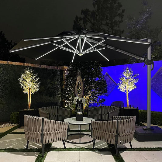 PURPLE LEAF 11ft Solar LED Patio Umbrella - Large Round Cantilever Umbrella with LED Lights, Windproof, Heavy Duty for Garden, Deck, Pool, Patio, Black