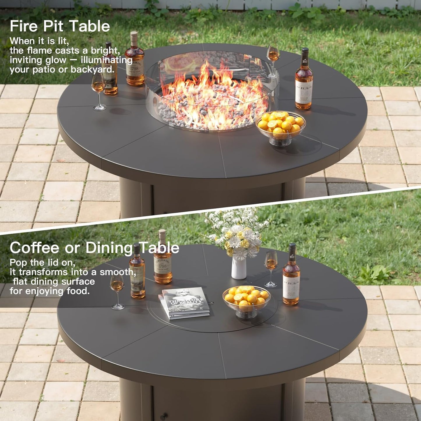 Kurapika 5 Piece Metal Outdoor Patio Furniture Set with Round Fire Pit Table, Patio Conversation Sets 4 Swivel Chairs with Thick Cushion and 40000 BTU Fire Pit Table, Navy Blue