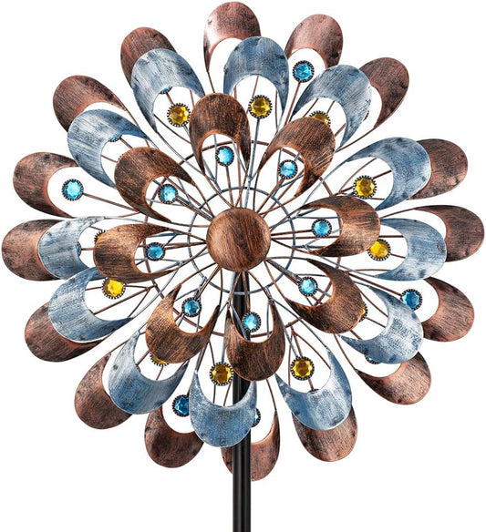 DREAMYSOUL Wind Spinner Outdoor Clearance, 20" Dia Large Metal Windmills with Blue and Copper Blades, Kinetic Wind Spinners & Sculpture for Yard and Garden
