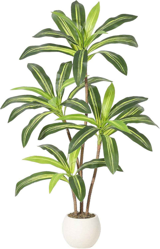 4FT Artificial Dracaena Tree, Artificial Plants Indoor with White Tall Planter, Faux Yucca Silk Tree Fake Tropical Floor Plant in Pot, Fake Plants for Home House Room Office Entryway Porch Decor