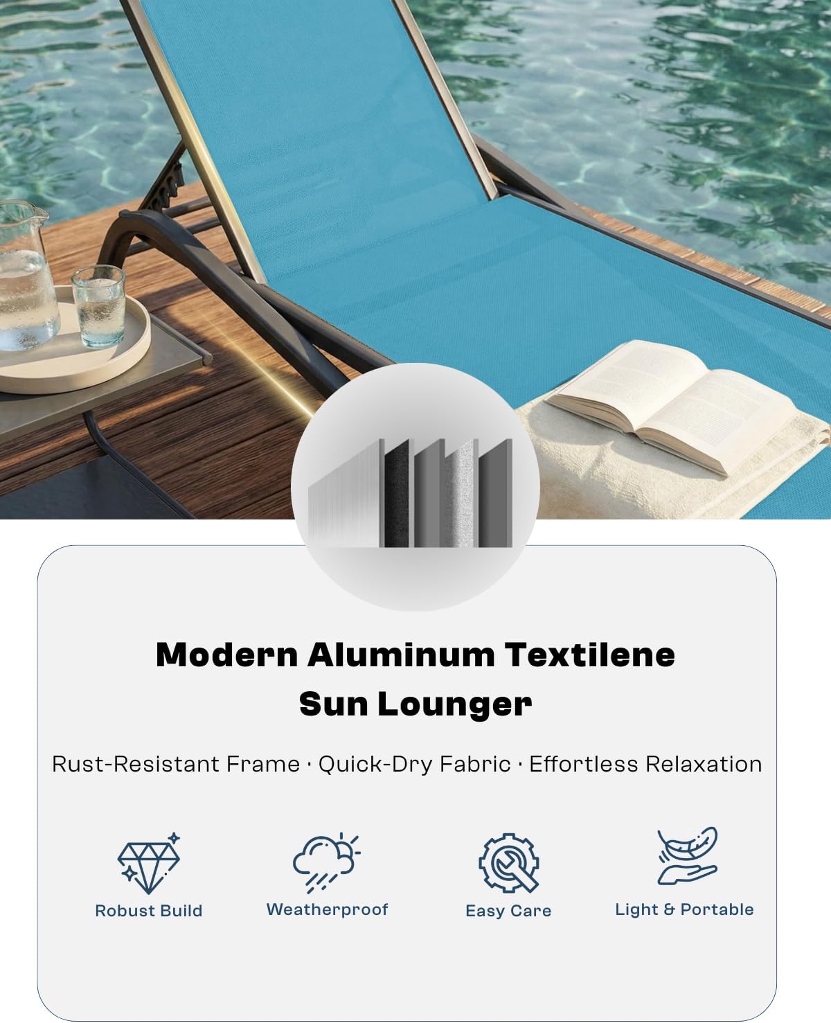 Set of 2 Patio Chaise Lounge Chairs, All-Weather Aluminum Pool Loungers for Outside, 5-Position Adjustable Sunbathing Chair for Deck, Backyard & Poolside, Rust-Proof, Sky Blue