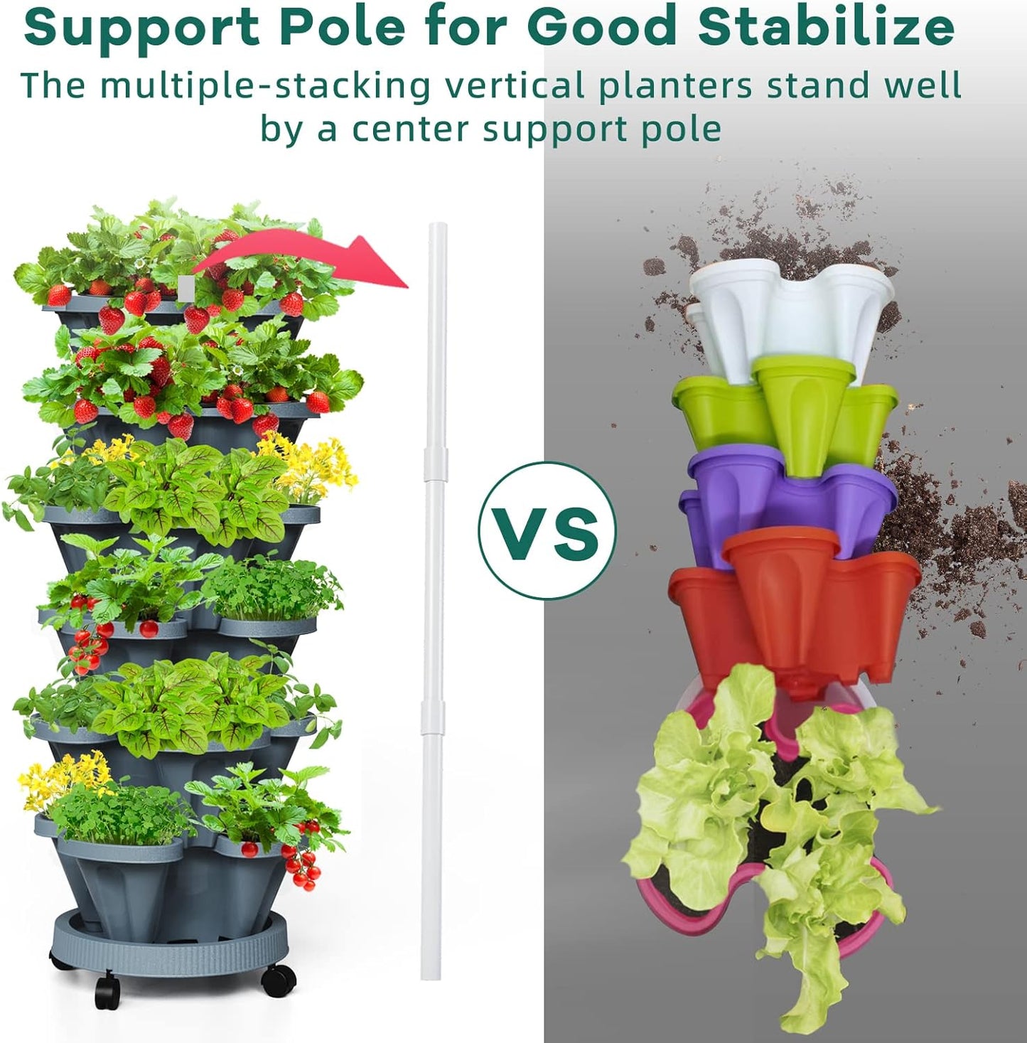Strawberry Vertical Planters Tower Garden 2 Pack, 6 Tiered Stacking Herb Planter with Support Pole Indoor and Outdoor - Hunter Green