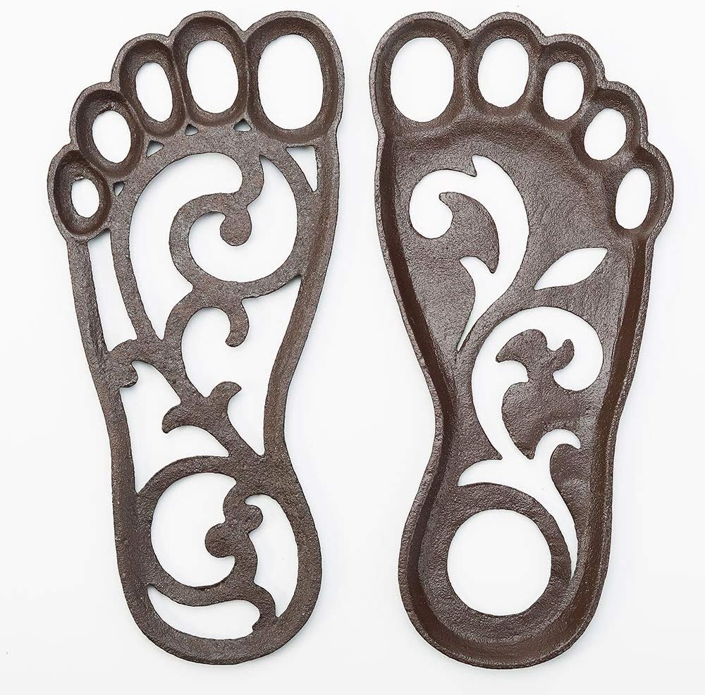 Sungmor Heavy Duty Cast Iron Stepping Mats for Front Door, 2PC 11.8 Inch Long Sturdy Metal Left & Right Footprint Stepping Stone, Retro Elegant Decorative Mat for Garden Lawn Panel Walkway Landscaping