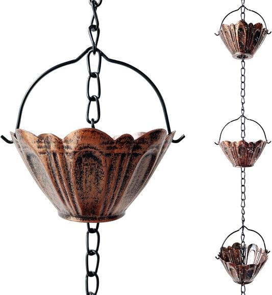 Copper Lotus Rain Chain 8.7 FT, Decorative Metal Rain Catcher with 12 Cups, Gutter Downspout Replacement