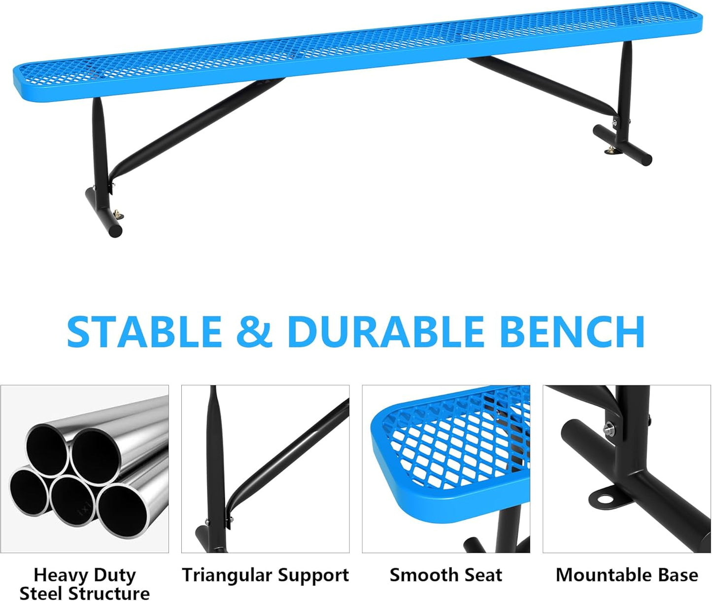 96" L Outdoor Metal Benches, Heavy Duty Garden Park Bench for Outside, Expanded Metal, Commercial Benches Mesh Bench for Shopping Mall, Store, Lawn, Park, Patio, Deck, Garden (Blue, 8FT)
