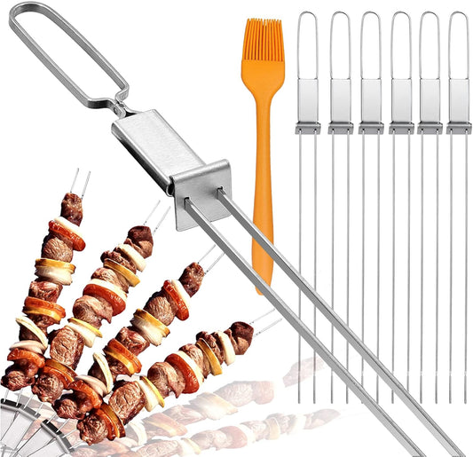 Skewers for Grilling- 17 inch (6 Pack) Double Pronged Flat Stainless Steel BBQ Skewer with Push Bar- Kabob Skewers Skewer Sticks for Camping or family - Reusable, BBQ Accessories
