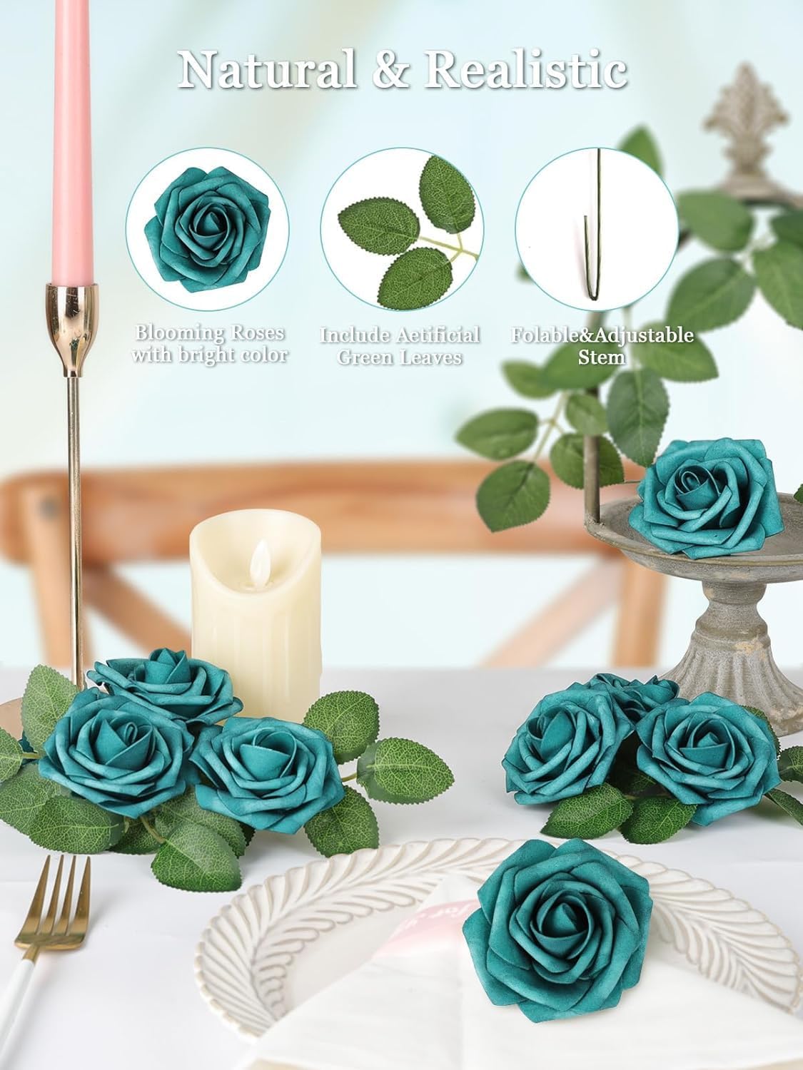N&T NIETING Artificial Flowers Foam Roses 25 pcs Peacock Green Fake Roses w/Stem for DIY Home Decor Indoor Outdoor Centerpieces Arrangements Bouquets