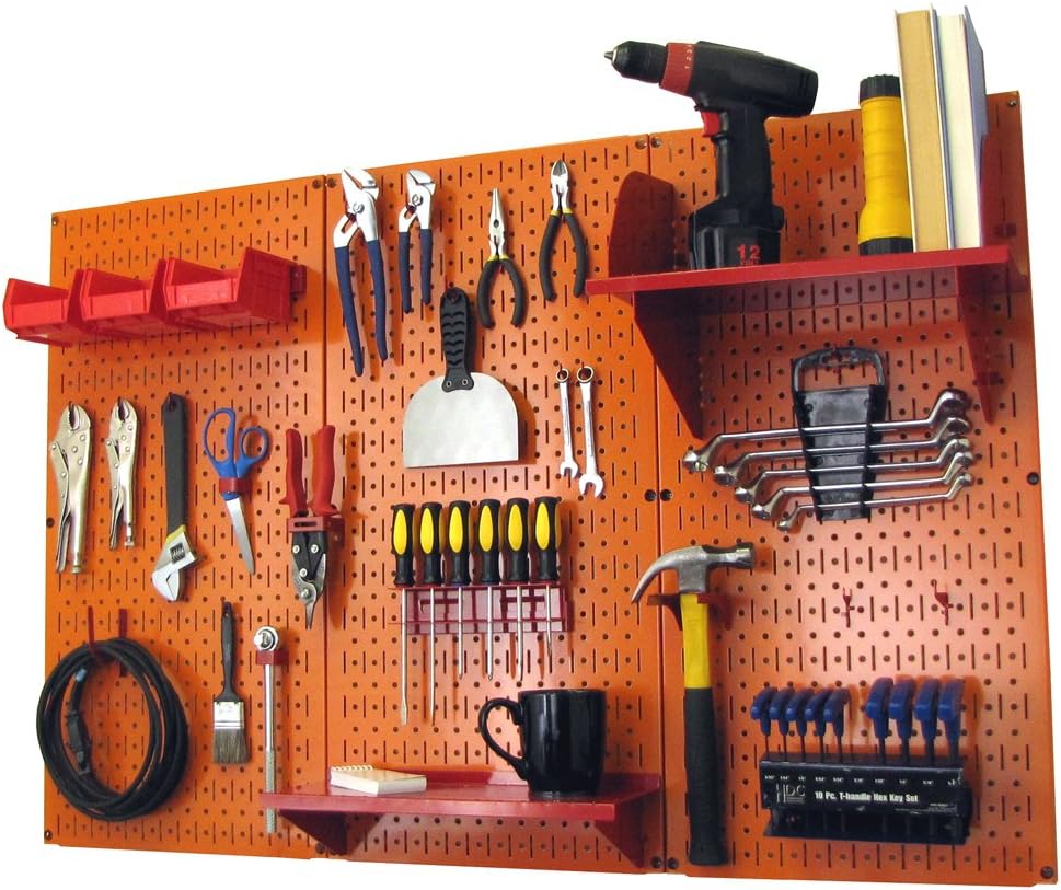 Wall Control Pegboard Organizer 4 ft. Metal Pegboard Standard Tool Storage Kit with Orange Toolboard and Red Accessories