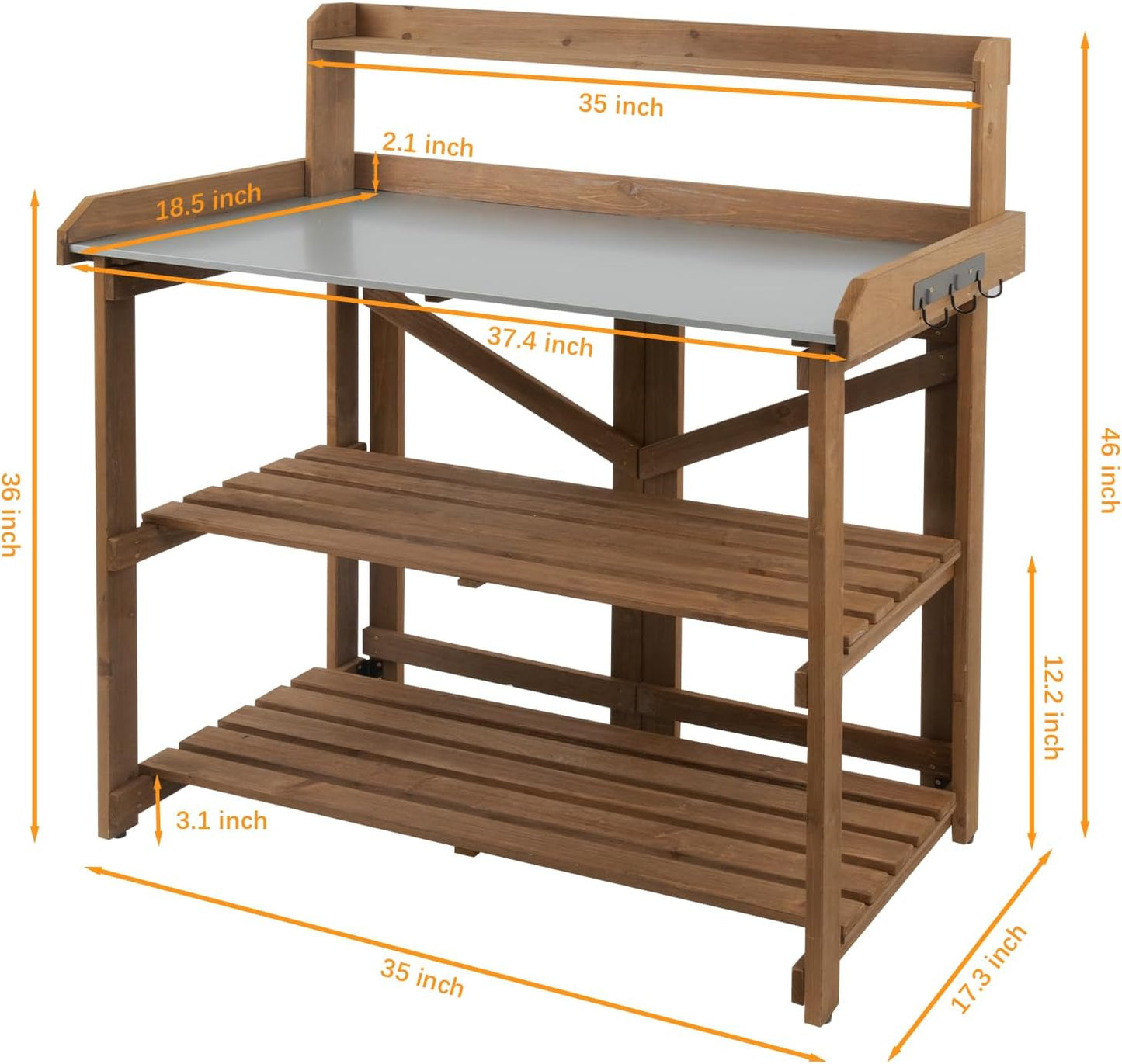 Folding Potting Bench Table,Outdoor Potting Bench Garden Wooden Potting Table,Fir Wood Workstation Planting Table with Galvanized Tabletop,2 Tier Storage Shelves,Top Shelf(Brown)